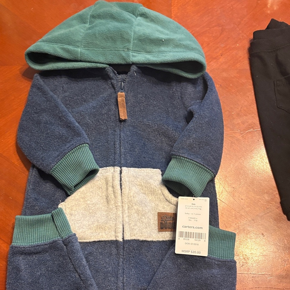 Carter's Colorblock Hooded Zip Romper - Navy, Teal & Light Gray